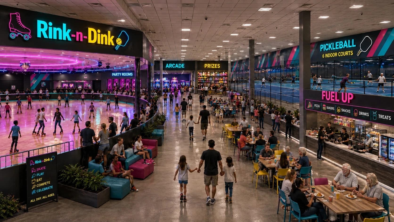 Rink-n-Dink integrated indoor entertainment concept with skating, pickleball, arcade, food, and party rooms