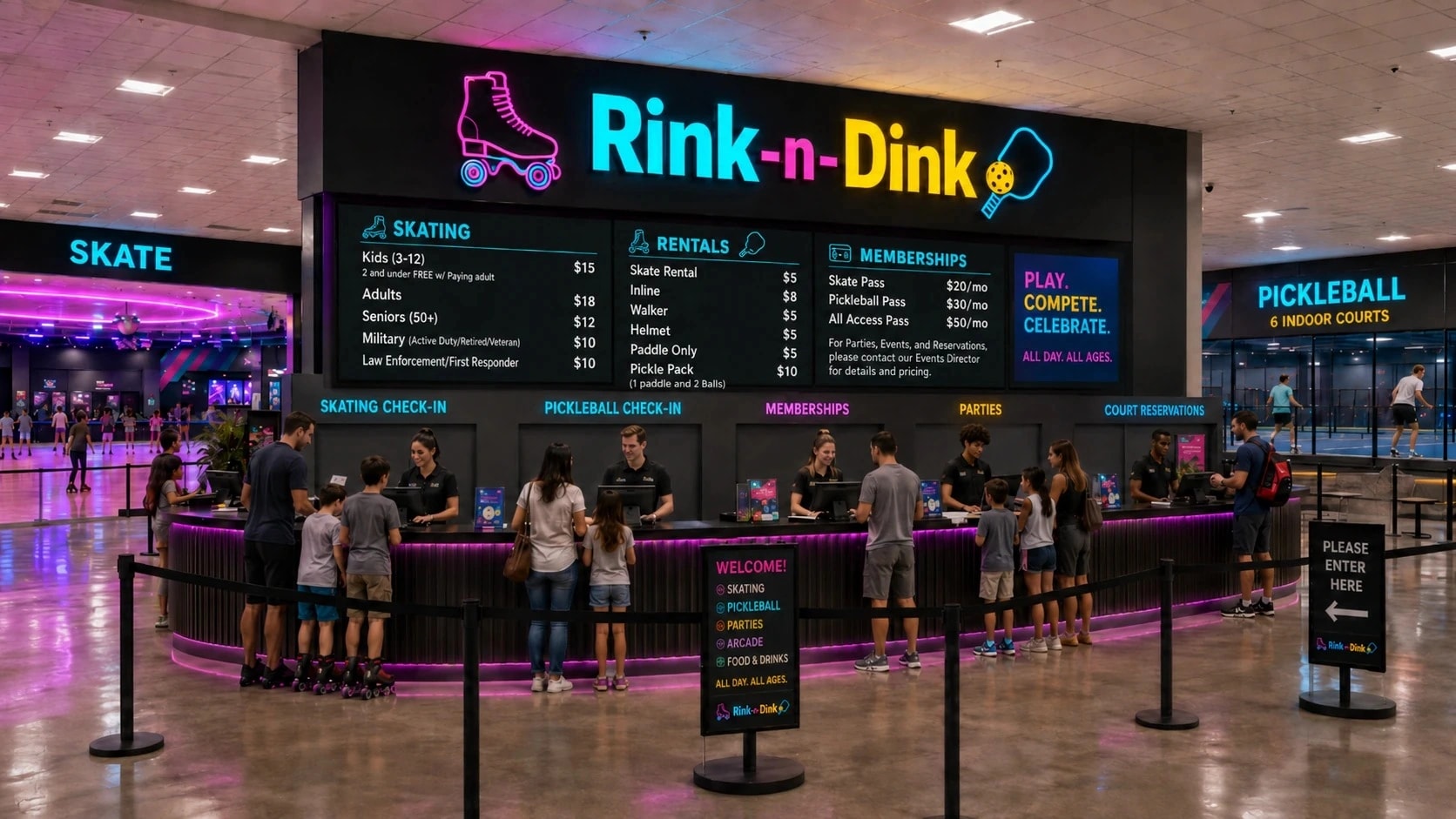 Rink-n-Dink check-in desk concept with separate skating and pickleball service positions
