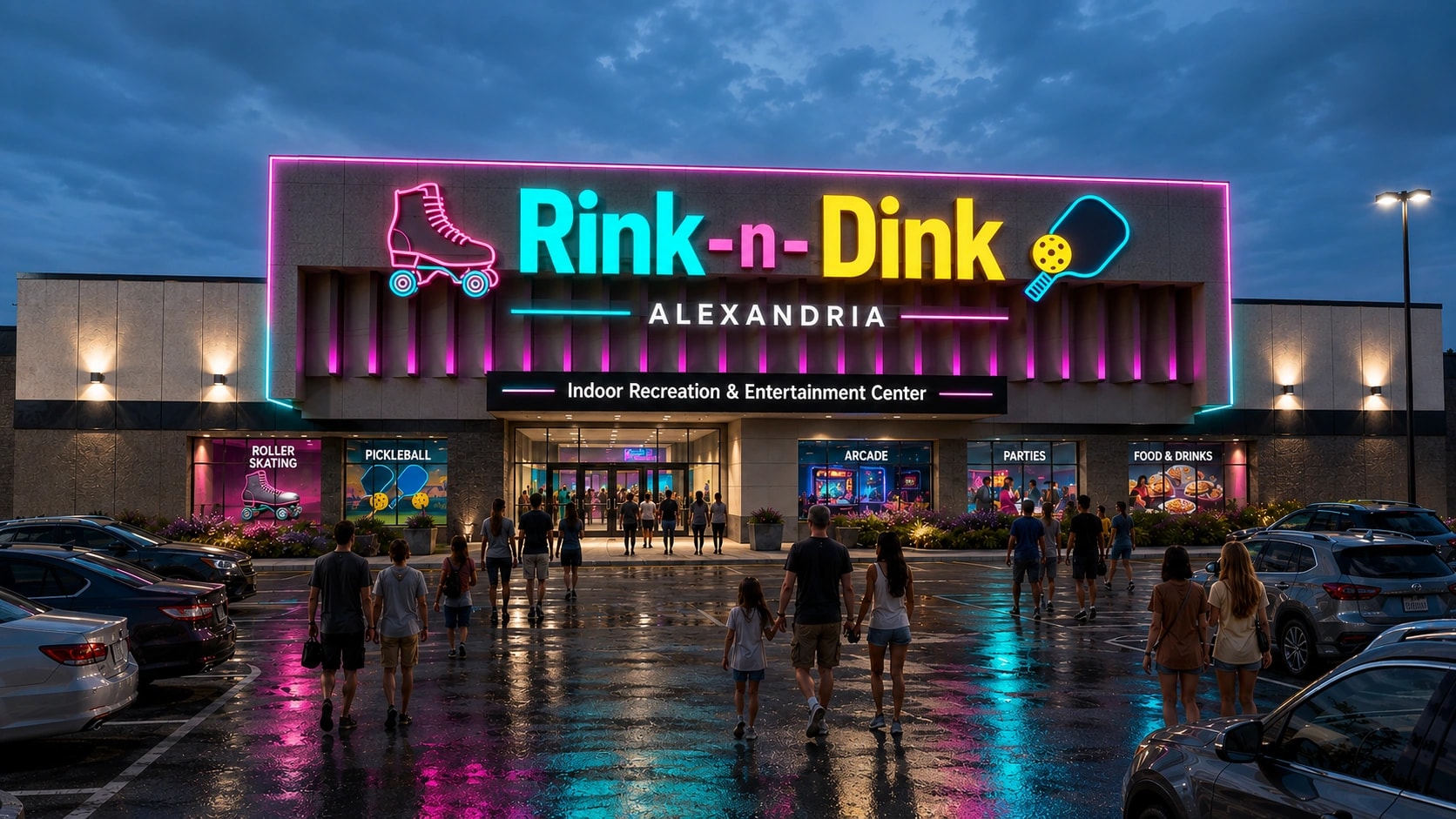 Rink-n-Dink exterior concept rendering at dusk