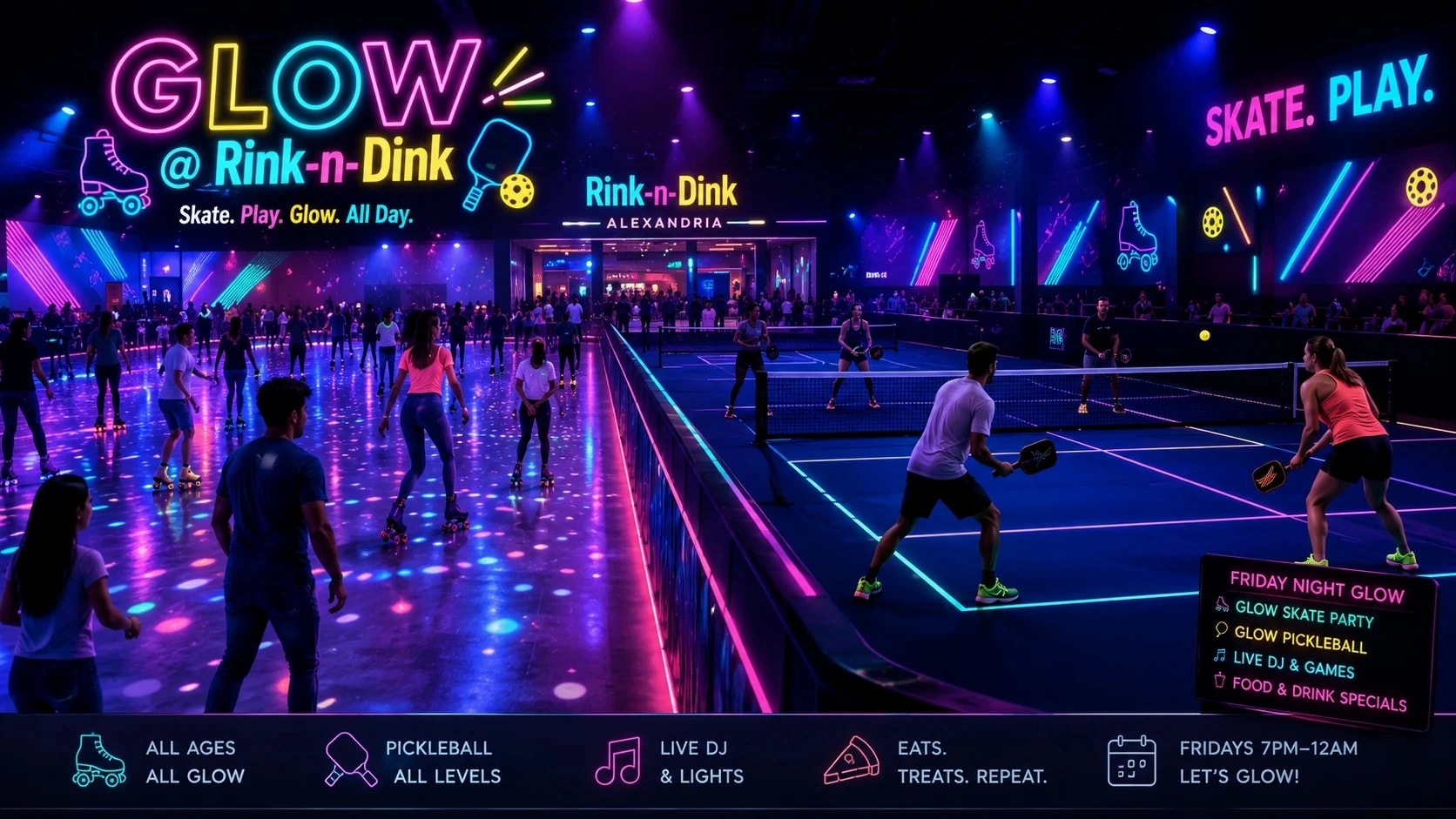 Rink-n-Dink Friday Night Glow skating and pickleball concept