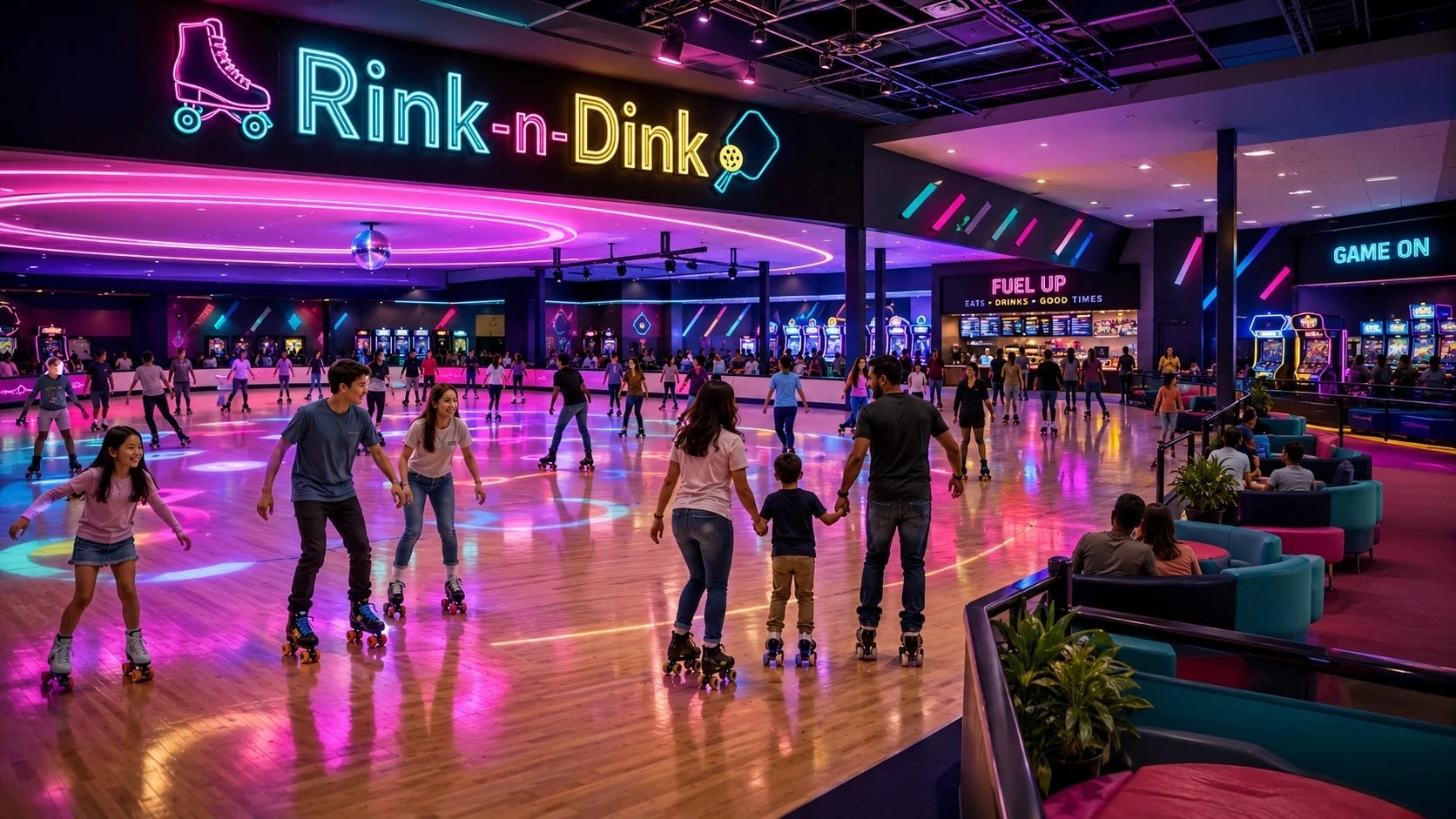 Rink-n-Dink roller skating concept with families on the rink
